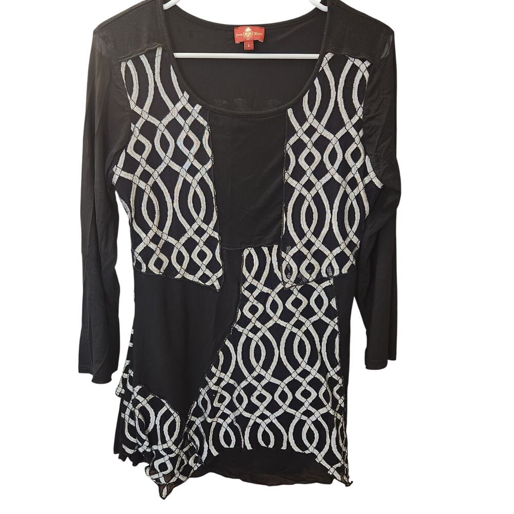 From the Heart Black Silver Interlocking Geometric Patchwork Asymmetric Tunic L